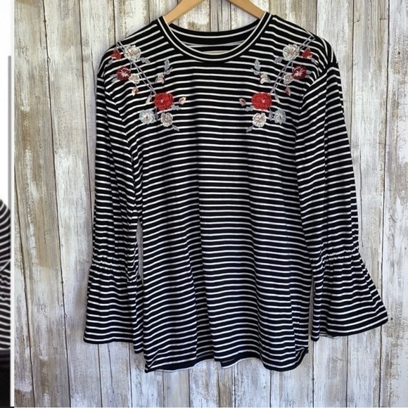 Loft Floral Embroidered Striped Long Sleeve Blouse - Picture 2 of 5